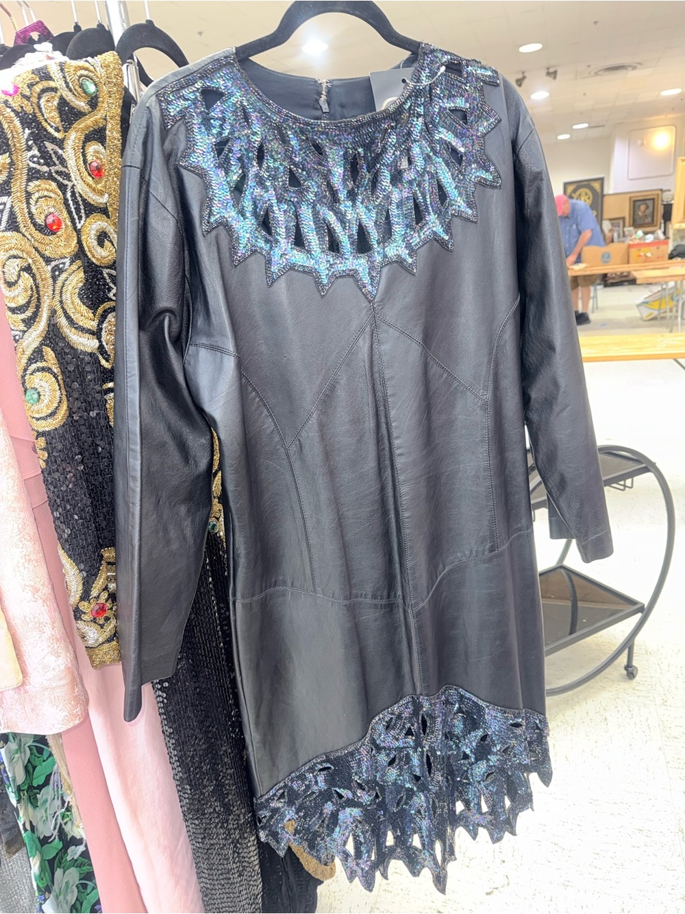 Black Leather Long-Sleeve Dress with Iridescent Embellishment Y2K